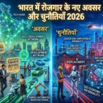 भारत में रोजगार के नए अवसर और चुनौतियाँ 2026 को दर्शाता आधुनिक 3D डिजिटल जॉब मार्केट दृश्य, जिसमें AI, स्टार्टअप, फ्रीलांसिंग और टेक्नोलॉजी आधारित करियर अवसर दिखाए गए हैं।