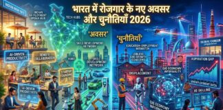 भारत में रोजगार के नए अवसर और चुनौतियाँ 2026 को दर्शाता आधुनिक 3D डिजिटल जॉब मार्केट दृश्य, जिसमें AI, स्टार्टअप, फ्रीलांसिंग और टेक्नोलॉजी आधारित करियर अवसर दिखाए गए हैं।