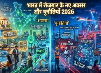 भारत में रोजगार के नए अवसर और चुनौतियाँ 2026 को दर्शाता आधुनिक 3D डिजिटल जॉब मार्केट दृश्य, जिसमें AI, स्टार्टअप, फ्रीलांसिंग और टेक्नोलॉजी आधारित करियर अवसर दिखाए गए हैं।
