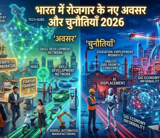 भारत में रोजगार के नए अवसर और चुनौतियाँ 2026 को दर्शाता आधुनिक 3D डिजिटल जॉब मार्केट दृश्य, जिसमें AI, स्टार्टअप, फ्रीलांसिंग और टेक्नोलॉजी आधारित करियर अवसर दिखाए गए हैं।